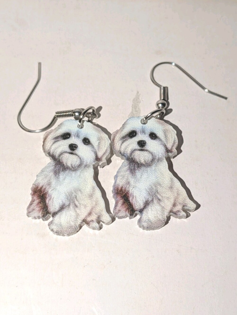 Hand Crafted White Fluffy Puppy Dangle Earrings